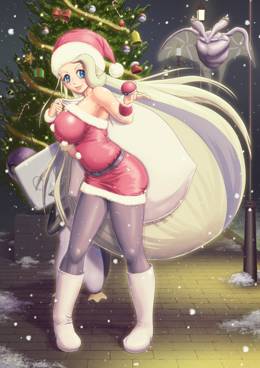 1girl absurdres alternate_costume bag bare_arms bare_shoulders belt big_hair bird black_belt blonde_hair blue_eyes blue_pantyhose breasts bug christmas_tree dress eiscue eiscue_(ice) frosmoth fur-trimmed_dress fur_trim gen_8_pokemon hat highres holding holding_bag holding_poke_ball insect large_breasts long_hair mature_female melony_(pokemon) moth multicolored_hair nintendo pantyhose penguin poke_ball poke_ball_(basic) pokemon pokemon_(creature) pokemon_swsh red_dress red_headwear santa_costume santa_dress santa_hat shibakarisena short_dress snowing strapless strapless_dress streaked_hair very_long_hair