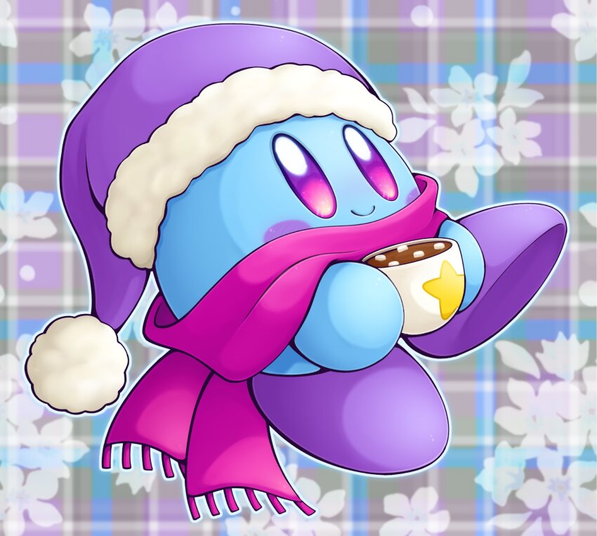 alternate_color blue_skin blush_stickers colored_skin cup food hat highres holding holding_cup hot_chocolate kirby kirby_(series) looking_at_viewer marshmallow nintendo no_humans pom_pom_(clothes) purple_eyes purple_hat scarf slys_(jesterdysphoria) smile solid_oval_eyes solo star_(symbol)