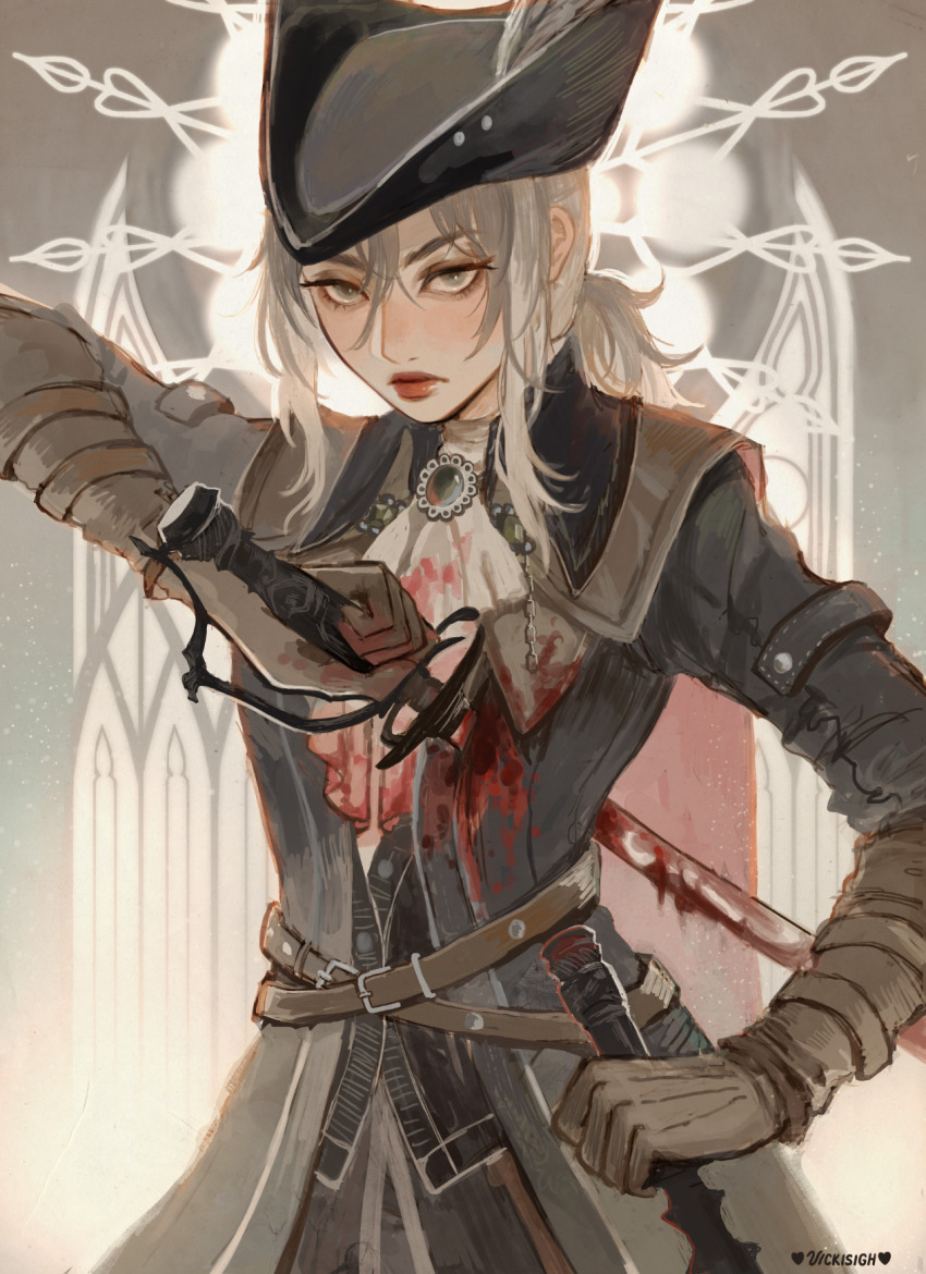 1girl artist_name ascot black_coat blood blood_on_clothes bloodborne brown_gloves coat commentary frown gloves grey_eyes hat_feather highres holding holding_weapon impaled lady_maria_of_the_astral_clocktower mace ponytail red_lips solo sword vicki_tsai weapon white_ascot white_hair