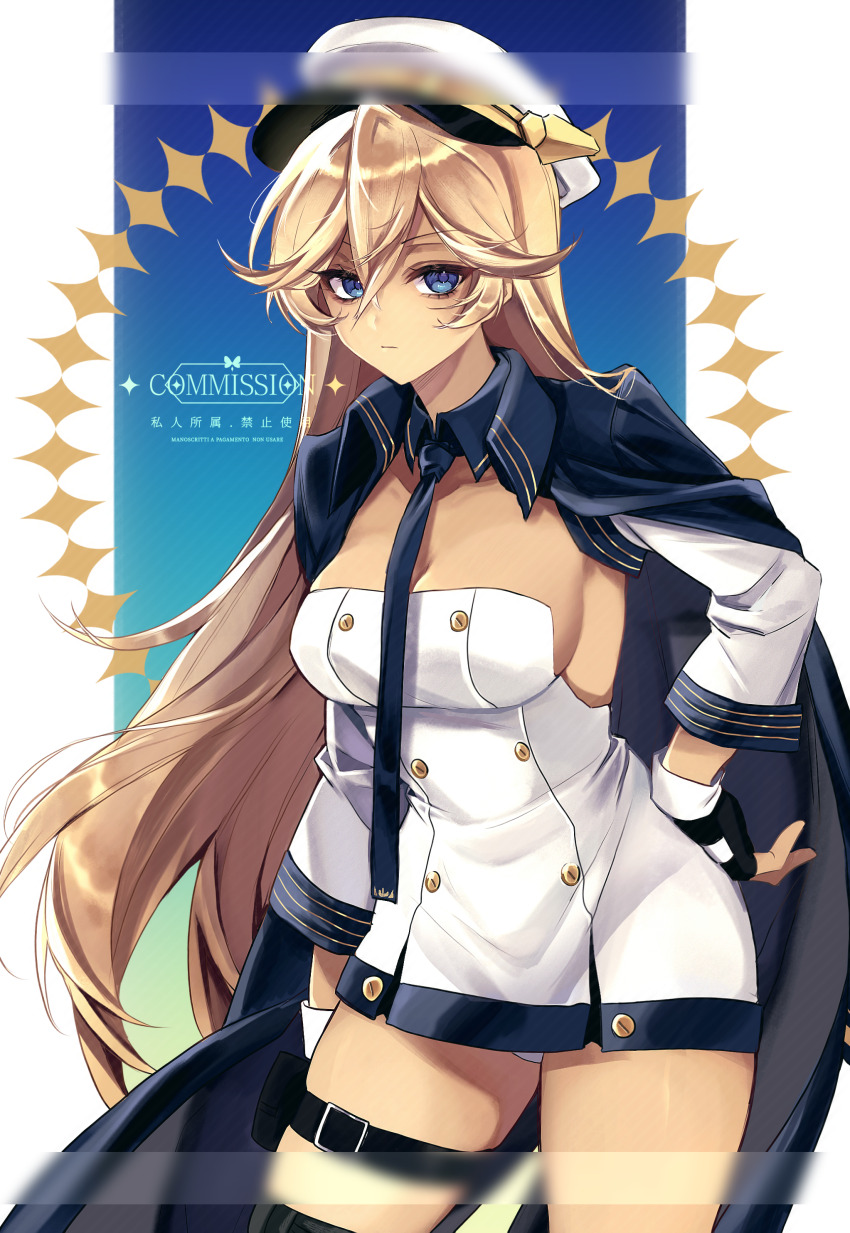 1girl absurdres azur_lane belt black_coat black_necktie blonde_hair blue_eyes breasts buttons closed_mouth coat coat_on_shoulders commission dark-skinned_female dark_skin fingerless_gloves gloves hand_on_own_hip hat highres large_breasts long_hair looking_at_viewer necktie panties panty_peek solo tennessee_(azur_lane) thigh_belt thigh_strap tuwu_(user_yvte3782) underwear white_gloves white_hat white_panties