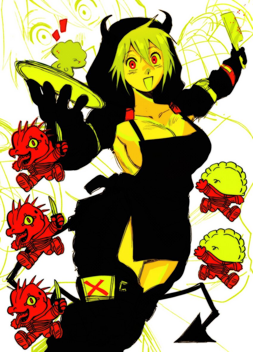 1girl :d absurdres ambiguous_red_liquid apron black_apron black_boots black_gloves black_shrug black_tail boots breasts cleavage collarbone cowboy_shot creature dorohedoro dreamaruu gloves hair_between_eyes hands_up highres holding holding_knife holding_plate hood hood_up hooded_shrug horned_hood horns knife long_sleeves medium_breasts naked_apron nikaidou_(dorohedoro) open_mouth outstretched_arm plate recurring_image red_eyes shrug_(clothing) smile thigh_boots thighhighs white_background zettai_ryouiki zoom_layer