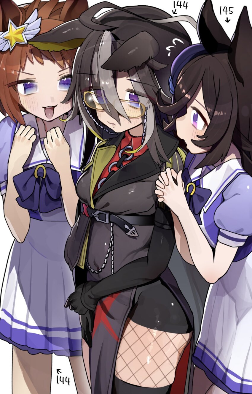 3girls animal_ears biko_pegasus_(umamusume) black_coat black_gloves blue_eyes blue_flower blue_rose bow bowtie brown_hair chest_belt coat colored_inner_hair commentary cowboy_shot dream_journey_(umamusume) ear_ornament eyewear_strap fishnets flower flying_sweatdrops glasses gloves gold_trim hat height height_connection height_conscious highres horse_ears horse_girl light_brown_hair long_hair mini_hat multicolored_hair multiple_girls orange-framed_eyewear own_hands_clasped own_hands_together pleated_skirt puffy_short_sleeves puffy_sleeves purple_bow purple_bowtie purple_eyes purple_hat purple_shirt rice_shower_(umamusume) rose sailor_collar sailor_shirt school_uniform shirt short_hair short_sleeves skirt star_ornament summer_uniform tamukoro teeth tilted_headwear tracen_school_uniform umamusume upper_teeth_only very_long_hair white_sailor_collar white_skirt wing_ornament