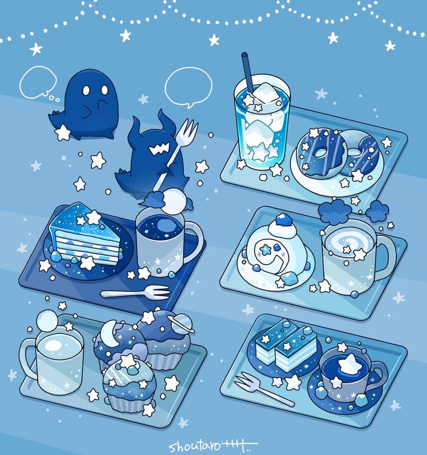 artist_name blue_background blue_theme cake cake_slice coffee cookie cup donut drink drinking_straw food food_focus fork fruit ghost highres holding holding_fork hoshikui ice_cream ice_cream_float mug no_humans original plate shoutarou_(shoutarotttt) signature speech_bubble star_(symbol) tray