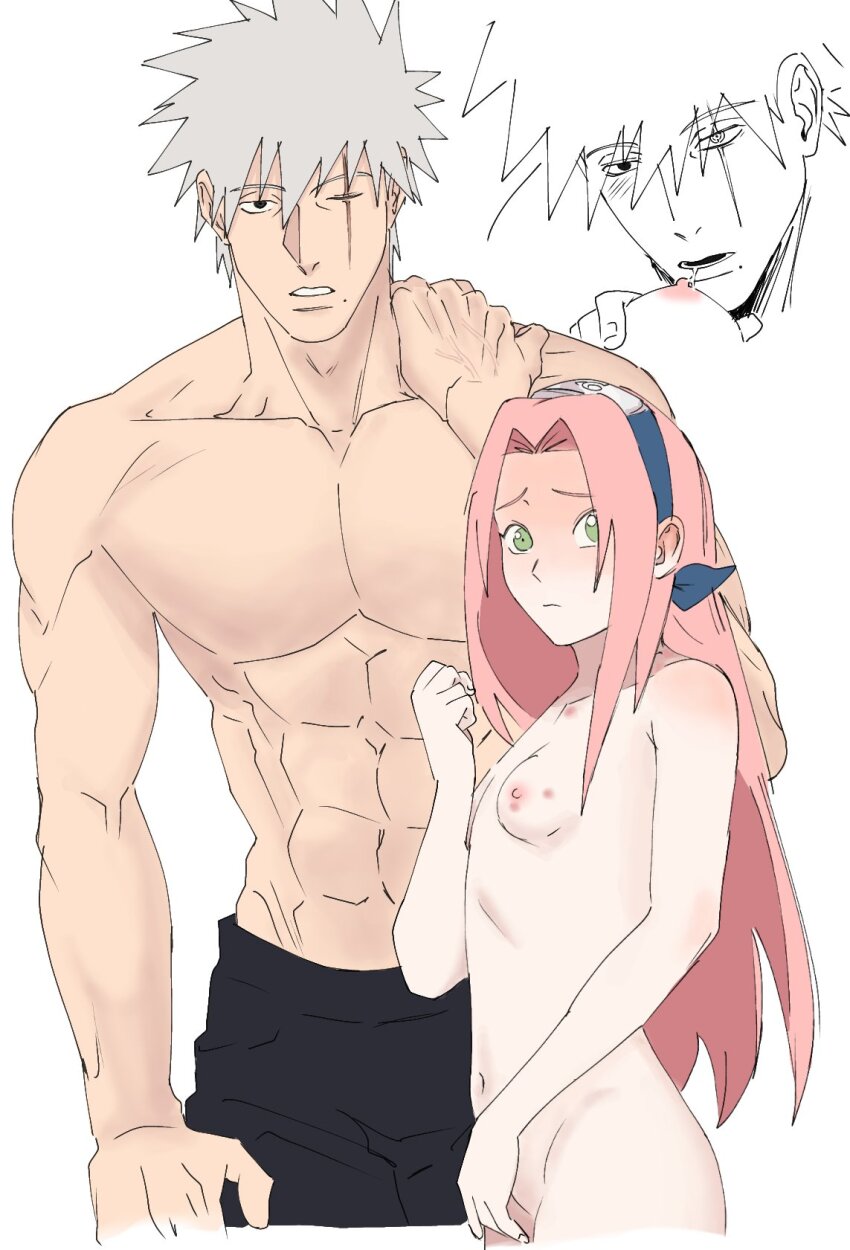 age_difference breasts haruno_sakura hatake_kakashi naruto naruto_(series) pink_hair scar scar_across_eye scar_on_face simple_background size_difference small_breasts white_background