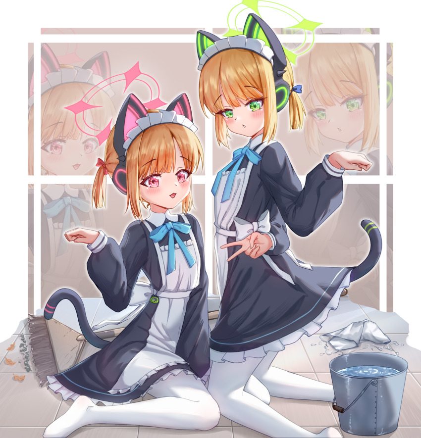 2girls :3 :d animal_ear_headphones animal_ears apron aqua_bow aqua_bowtie arm_behind_back between_legs black_dress blonde_hair blue_archive blue_bow blunt_bangs blush bow bowtie broom bucket cat_ear_headphones cat_tail chinese_commentary cleaning_rag collared_dress commentary_request contrast_collar dress fake_animal_ears fake_tail feet frilled_apron frilled_dress frills from_side full_body green_eyes green_halo hair_bow halo hand_between_legs hand_up headphones highres kneeling leaf long_sidelocks long_sleeves looking_at_viewer looking_down maid maid_apron maid_headdress midori_(blue_archive) midori_(maid)_(blue_archive) momoi_(blue_archive) momoi_(maid)_(blue_archive) multiple_girls nainaizi no_shoes official_alternate_costume official_alternate_hairstyle on_floor open_mouth pantyhose paw_pose pink_eyes pink_halo puffy_long_sleeves puffy_sleeves red_bow short_hair short_twintails siblings sidelocks sisters sitting smile tail tail_raised tile_floor tiles twins twintails v wariza water white_apron white_background white_bow white_pantyhose zoom_layer