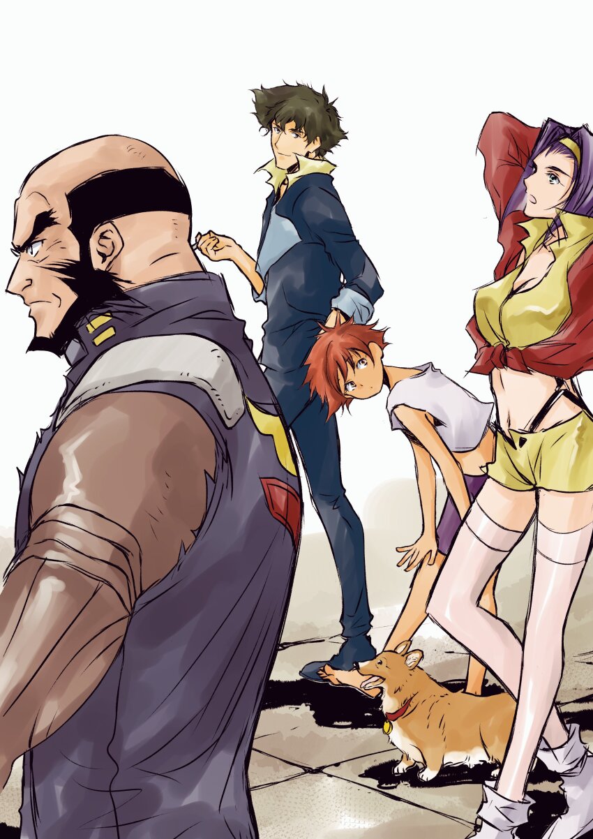 2girls absurdres barefoot beard breasts cowboy_bebop dog edward_wong_hau_pepelu_tivrusky_iv ein_(cowboy_bebop) facial_hair faye_valentine hairband highres jet_black medium_breasts multiple_boys multiple_girls prosthesis prosthetic_arm purple_hair simple_background spike_spiegel tobalin walking white_background white_footwear yellow_hairband