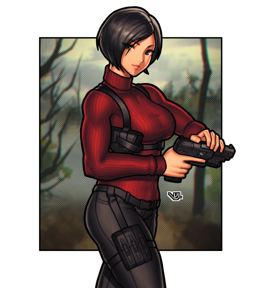 1girl ada_wong asian black_hair black_pants border breasts cocking_gun fn_five-seven gun handgun highres holding holding_gun holding_weapon holster lips medium_breasts outside_border pants pdw-caliber_pistol pouch red_sweater resident_evil resident_evil_4 resident_evil_4_(remake) ribbed_sweater short_hair shoulder_holster solo sweater thigh_pouch trigger_discipline turtleneck turtleneck_sweater vj99 weapon white_border