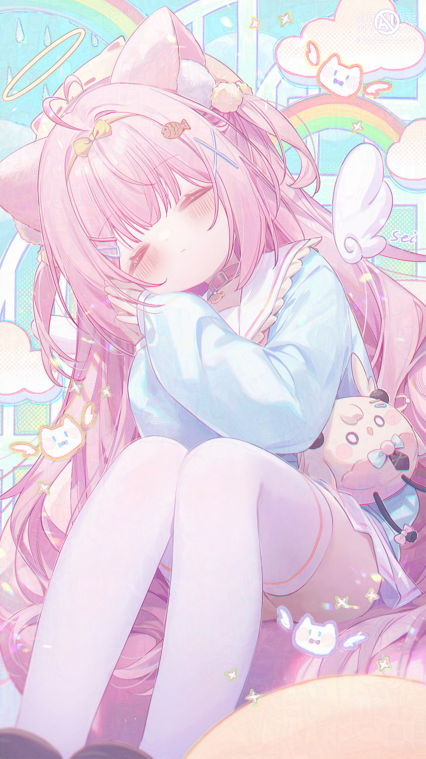 1girl ahoge animal_ear_fluff animal_ears bed blue_shirt blush cat_ears cat_girl choker closed_eyes closed_mouth cloud facing_viewer feet_out_of_frame fish_hair_ornament hair_ornament hair_over_hairband hairclip halo heart heart_ahoge highres long_hair long_sleeves on_bed original own_hands_together pink_choker pink_hair pom_pom_(clothes) pom_pom_hair_ornament rainbow shirt sitting skirt sleeping sleeves_past_wrists solo stuffed_toy teardrop thighhighs umehara_sei very_long_hair watermark white_skirt white_thighhighs wings x_hair_ornament
