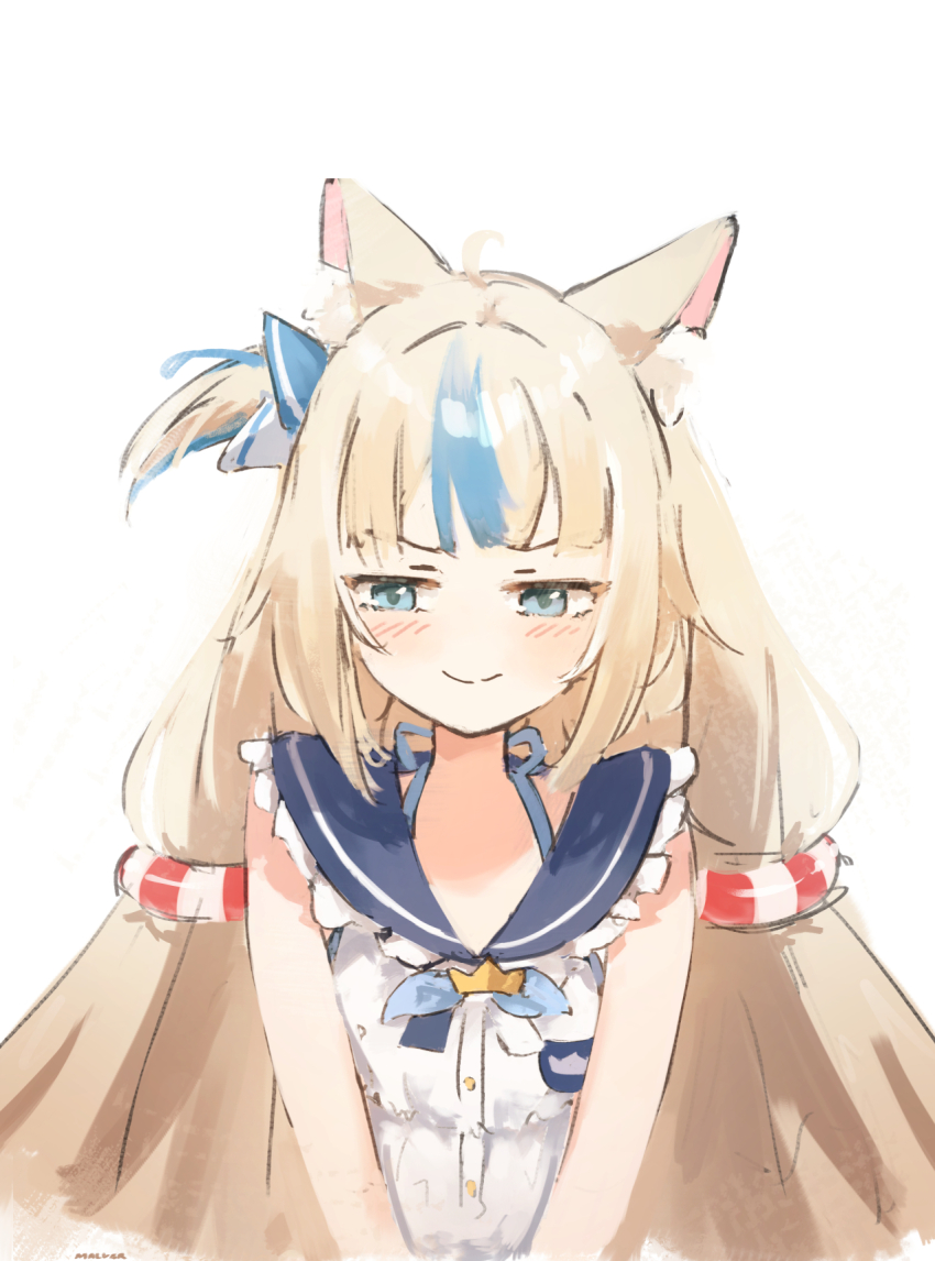 1girl ahoge animal_ear_fluff animal_ears blonde_hair blue_eyes blue_hair cat_ears closed_mouth commentary dress facing_viewer highres indie_virtual_youtuber lifebuoy lifebuoy_hair_ornament long_hair looking_to_the_side malvar multicolored_hair sailor_collar sailor_dress sameko_saba side_ponytail sidelocks simple_background smile solo streaked_hair swim_ring symbol-only_commentary upper_body virtual_youtuber white_background white_dress white_hair