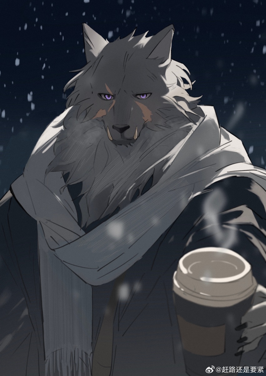 1boy absurdres animal_ears black_fur black_jacket blaidd_the_half-wolf chinese_commentary claws closed_mouth commentary_request cup elden_ring fangs fangs_out furry furry_male ganlu_haishi_yaojin highres holding holding_cup incoming_gift jacket looking_at_viewer male_focus scar scar_across_eye scar_on_face scarf snow steam watermark weibo_username weibo_watermark white_scarf wolf_boy wolf_ears