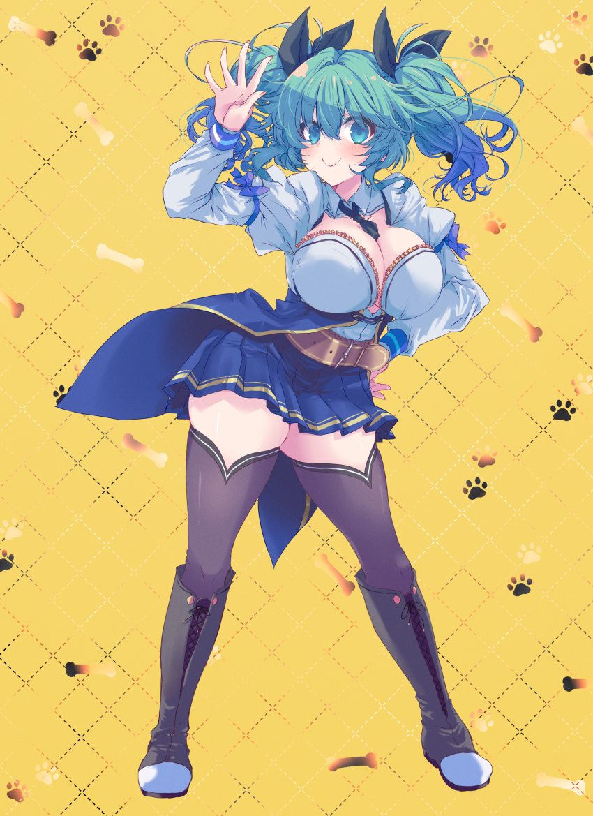 &gt;:) 1girl absurdres aqua_eyes aqua_hair arm_up assault_lily belt between_breasts black_boots black_necktie black_ribbon blue_skirt blush boots bow breasts brown_belt brown_thighhighs cartoon_bone cleavage closed_mouth collared_shirt commentary_request contrapposto fingernails floating_hair frilled_shirt frills full_body grid_background hair_between_eyes hair_ribbon hand_on_own_hip highres juliet_sleeves knee_boots lace-up_boots large_breasts long_sleeves looking_at_viewer medium_hair miniskirt naridon necktie necktie_between_breasts odaiba_girls_high_school_uniform open_hand paw_print paw_print_background pleated_skirt puffy_sleeves purple_bow ribbon school_uniform shirt skirt sleeve_bow smile solo standing suzuki_chinami thighhighs twintails v-shaped_eyebrows waist_cape wavy_hair white_shirt yellow_background zettai_ryouiki