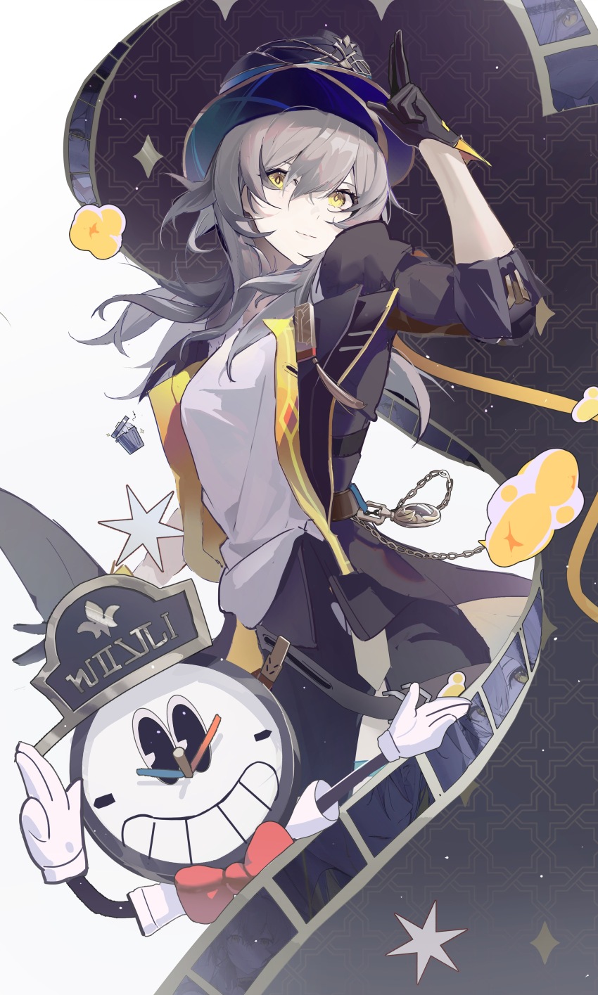absurdres black_gloves black_hat black_jacket gloves grey_hair hat highres honkai:_star_rail honkai_(series) jacket looking_at_viewer medium_hair refa shirt stelle_(honkai:_star_rail) trailblazer_(honkai:_star_rail) white_shirt yellow_eyes