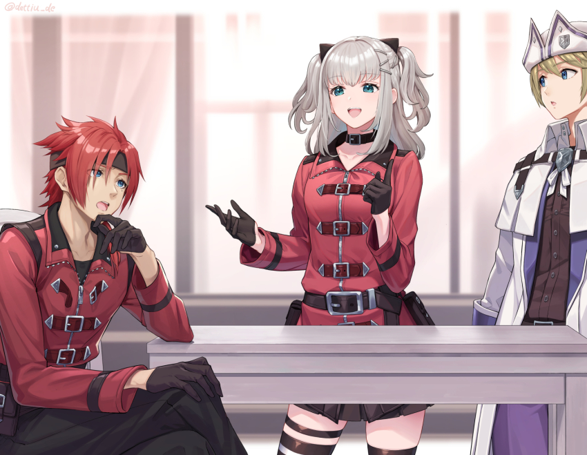 1girl 2boys :o belt belt_buckle black_belt black_choker black_gloves black_headband black_pants black_ribbon black_shirt black_skirt blonde_hair blue_eyes buckle capelet chair choker commentary_request crossed_legs freya_(kingdom_hearts) gloves gogo_(detteiu_de) grey_hair hair_ribbon half_gloves hat headband highres index_finger_raised indoors jacket kingdom_hearts kingdom_hearts_missing-link long_hair long_sleeves looking_at_another looking_up multiple_boys open_mouth pants player_character_(kingdom_hearts_missing-link) red_hair red_jacket remus_(kingdom_hearts) ribbon shirt short_hair sitting skirt smile table twitter_username two_side_up white_capelet white_hat white_jacket window