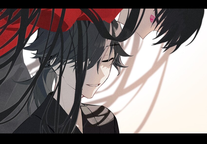 1boy 1girl black_hair black_kimono closed_eyes covered_mouth fate/grand_order fate_(series) floating hair_over_one_eye highres idass_(idass16) jacket japanese_clothes kimono letterboxed long_hair looking_at_another low_ponytail oryou_(fate) oryou_(lancer)_(fate) parted_lips pink_eyes ponytail red_jacket sakamoto_ryouma_(fate) sakamoto_ryouma_(lancer)_(fate) simple_background smile upper_body white_background