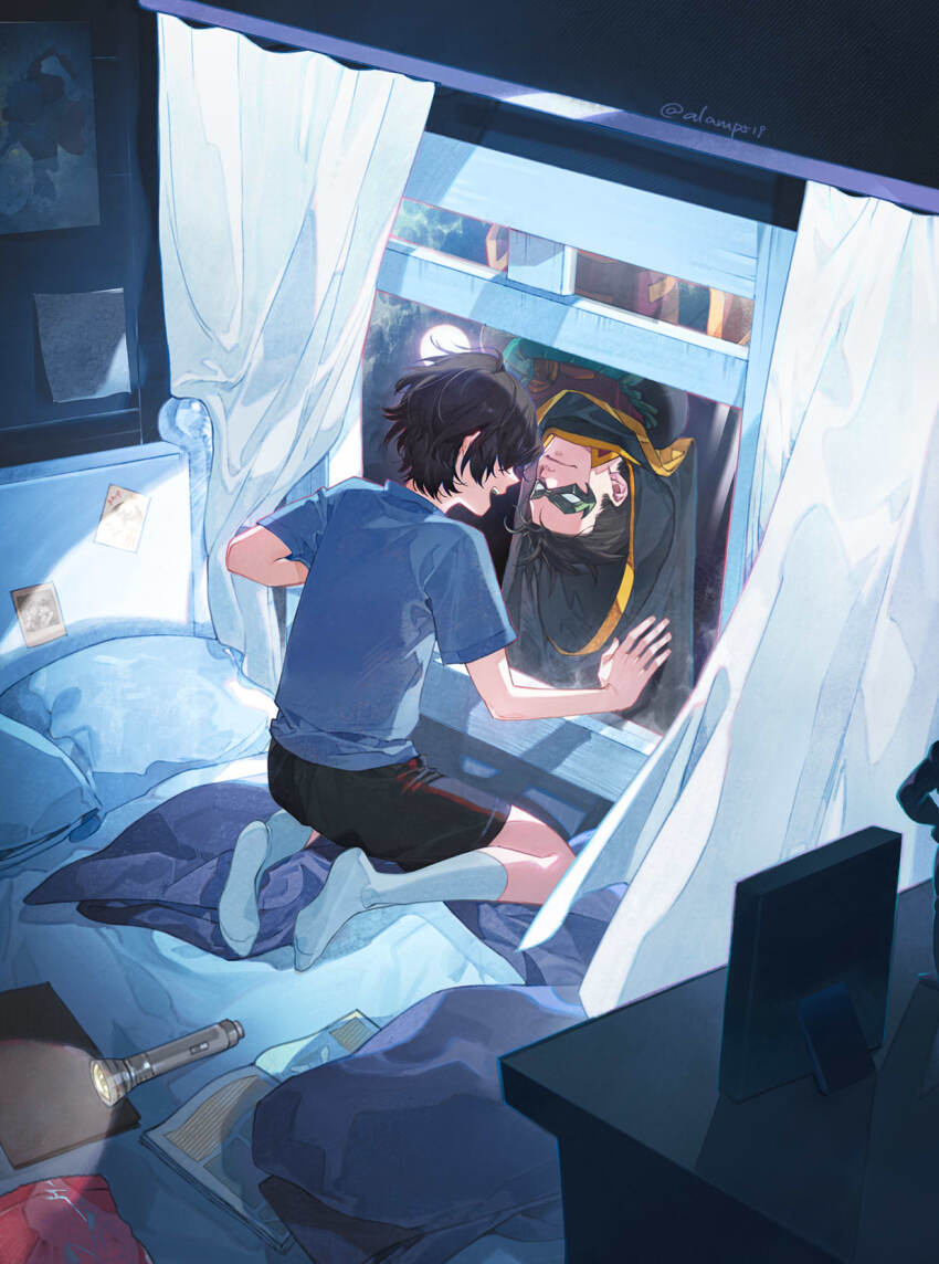 2boys alamp519 animification black_hair child curtains damian_wayne dc_comics domino_mask flashlight full_body highres indoors jonathan_kent looking_at_another male_focus mask multiple_boys pillow robin_(dc) short_hair short_sleeves shorts sitting socks super_sons superhero_costume white_socks window
