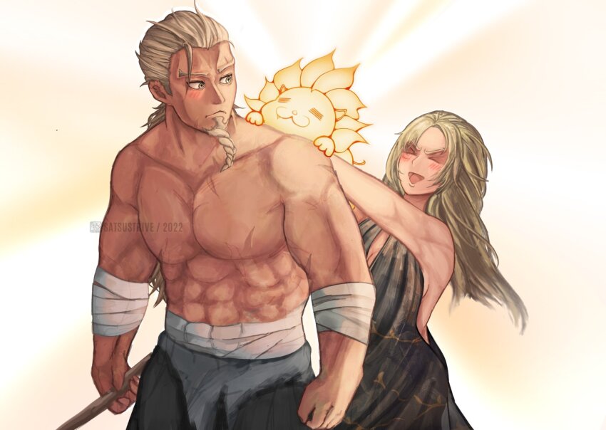 &gt;_&lt; 1boy 1girl :3 :d =_= abs bandaged_arm bandages black_dress blonde_hair blush breasts commentary dress elden_ring english_commentary facial_hair godfrey_first_elden_lord grey_eyes grey_hair highres hoarah_loux lion long_hair muscular muscular_male open_mouth satsu-strive scar serosh_(elden_ring) smile white_background xd