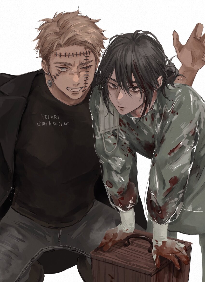 2boys absurdres black_coat black_eyes black_hair black_se_sa_mi black_shirt blonde_hair blood blood_on_hands coat cosplay cowboy_shot ear_piercing frankenstein frankenstein&#039;s_monster frankenstein&#039;s_monster_(cosplay) gloves green_eyes grey_pants grin hair_between_eyes hair_bun highres looking_at_viewer male_focus medium_hair multiple_boys nurse one_eye_closed pants piercing scar scar_on_face scar_on_forehead shirt simple_background smile teeth twitter_username white_background white_gloves wooden_box