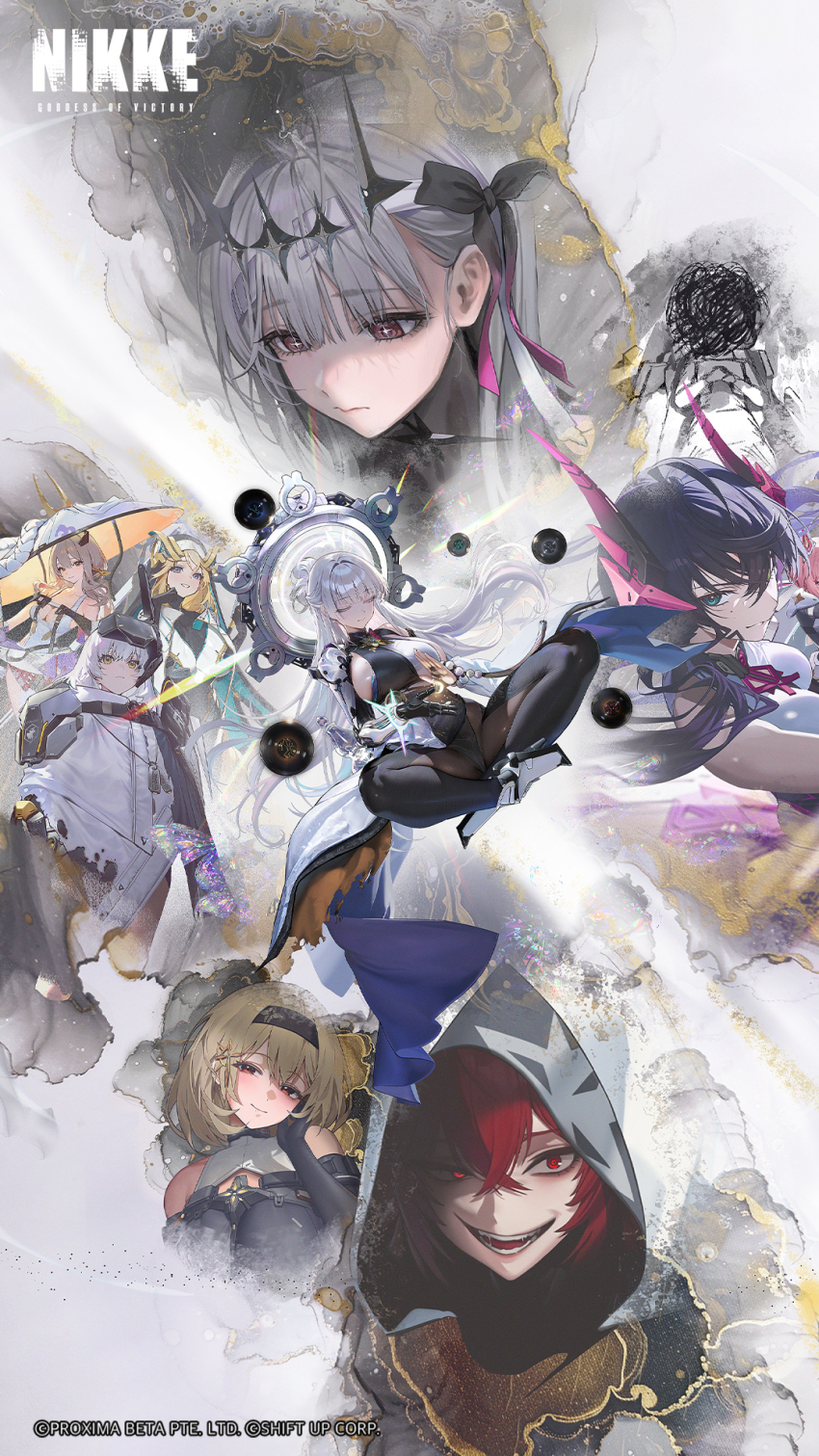 6+girls bandaged_head bandages black_bodysuit black_hair blue_eyes bodysuit bow cloak closed_eyes closed_mouth crossed_bangs evil_smile goddess_of_victory:_nikke grey_hair hair_between_eyes hand_on_own_cheek hand_on_own_face harran_(nikke) hat headpiece highres hood long_hair looking_at_viewer modernia_(nikke) modernia_(second_affection)_(nikke) multiple_girls nayuta_(nikke) nihilister_(nikke) noah_(nikke) open_mouth rapunzel_(nikke) red_bow red_eyes red_shoes scarlet_(nikke) shirt shoes sitting smile snow_white_(nikke) teeth tiara wariza white_cloak white_hair white_shirt yellow_eyes