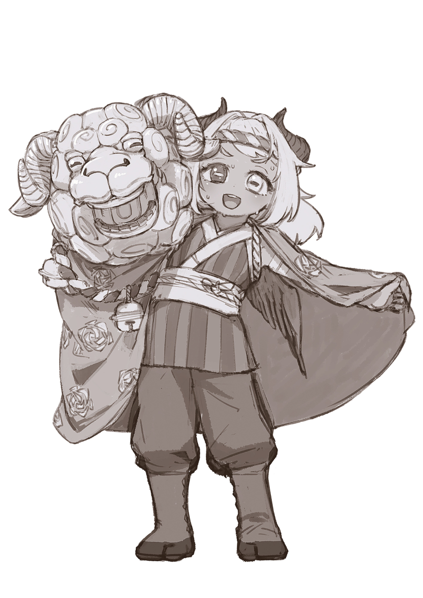 1girl amaryllis_gumi bell cloak dark-skinned_female dark_skin demon_girl feral_lemma full_body greyscale hachimaki headband heterochromia highres horizontal_pupils horns japanese_clothes jingle_bell leaning_to_the_side lion_dance long_hair looking_at_viewer monochrome nejiri_hachimaki obi obijime open_mouth outstretched_arms pants pants_tucked_in sash sheep shirt shishimai simple_background sleeveless sleeveless_shirt smile solo spread_arms standing striped_clothes striped_shirt sweat tabi v-shaped_eyebrows virtual_youtuber wings yotsutsuji_mayoi