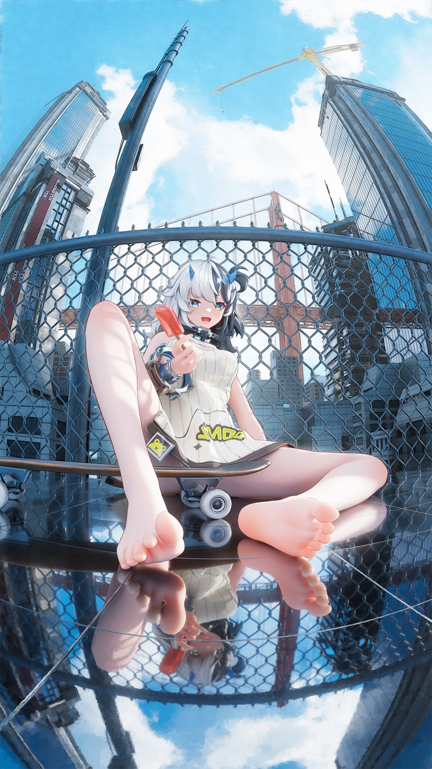 1girl arm_support bare_legs barefoot black_hair blue_eyes blue_sky building chain-link_fence cloud collar commentary_request dress eatchel_gustav feet fence fisheye food highres holding holding_food holding_popsicle lower_teeth_only medium_hair metal_collar mr_ito multicolored_hair neck_ruff open_mouth outdoors panties popsicle reflective_floor sitting skateboard sky skyscraper sleeveless sleeveless_dress snowbreak:_containment_zone soles solo straight-on teeth toes two-tone_hair underwear white_dress white_hair white_panties wrist_cuffs