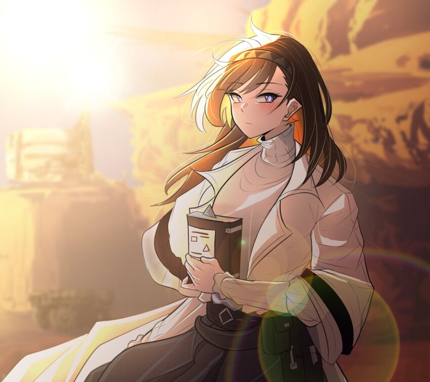 1girl arknights black_hairband black_skirt blush book brown_hair closed_mouth coat commentary cowboy_shot english_commentary grey_hairband hair_behind_ear hairband highres holding holding_book lens_flare long_hair long_sleeves looking_at_viewer nort_muhehehe outdoors priestess_(arknights) purple_eyes skirt solo standing sunlight sweater turtleneck turtleneck_sweater white_coat white_sweater wind