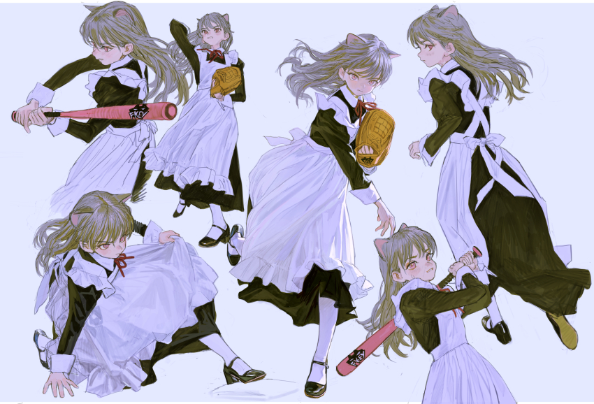 1girl apron baseball baseball_bat baseball_glove black_dress dress feiqizi_(fkey) fkey frilled_apron frills full_body highres kneeling long_hair looking_at_viewer maid maid_apron multiple_expressions multiple_views original puffy_sleeves running simple_background solo standing throwing waist_apron white_apron white_background wrist_cuffs