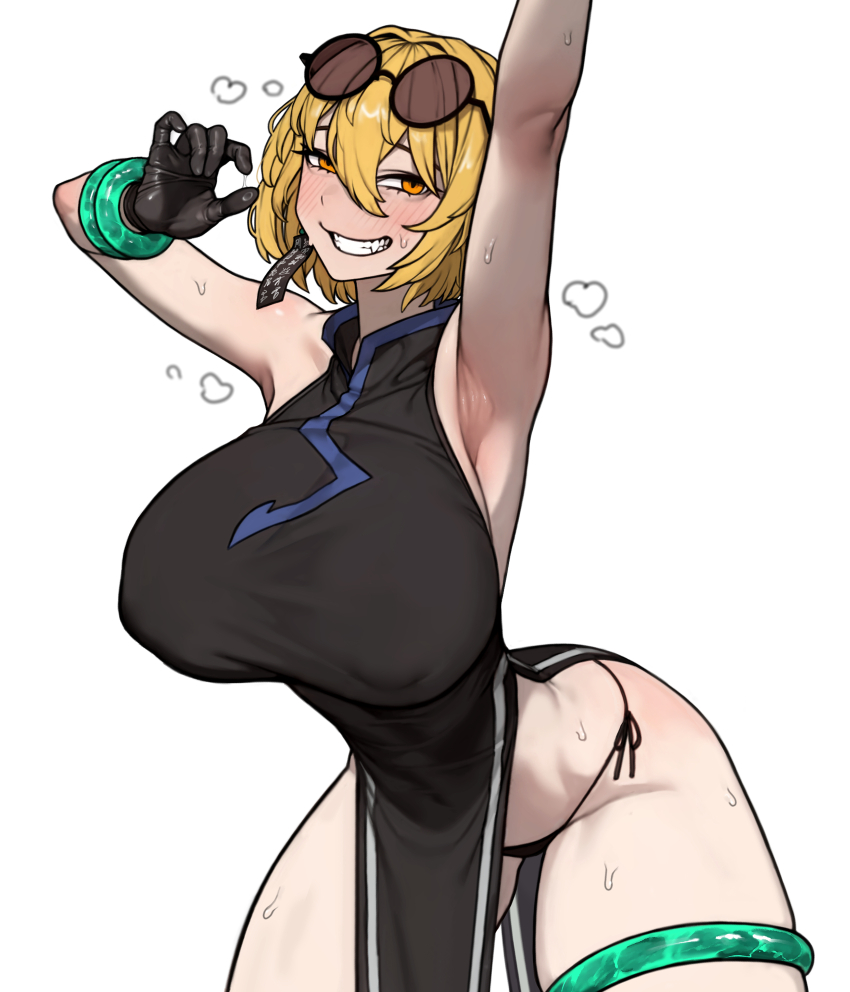 1girl absurdres armpits arms_up bare_shoulders black_coat black_dress black_gloves black_panties blonde_hair bracelet breasts china_dress chinese_clothes cinq_east_(identity)_(project_moon) coat coat_on_shoulders don_quixote_(project_moon) dress earrings fang fellatio_gesture gloves grin highres huge_breasts jewelry limbus_company looking_at_viewer open_mouth panties partially_opaque_sunglasses project_moon round_eyewear short_hair simple_background single_earring sleeveless slit_pupils smile solo steaming_body sunglasses sweat teeth underwear very_sweaty waste22 white_background yellow_eyes