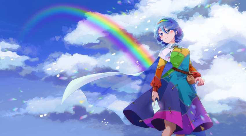 1girl belt blue_eyes blue_hair blue_sky blush breasts brown_belt cape card cloak cloud cloud_print cloudy_sky day dress hairband happy highres holding holding_card katsuragi_atori long_sleeves multicolored_dress multicolored_hairband patchwork_clothes rainbow rainbow_gradient short_hair sky sky_print small_breasts smile tenkyuu_chimata touhou two-sided_cape two-sided_fabric white_cape white_cloak yellow_bag zipper zipper_pull_tab
