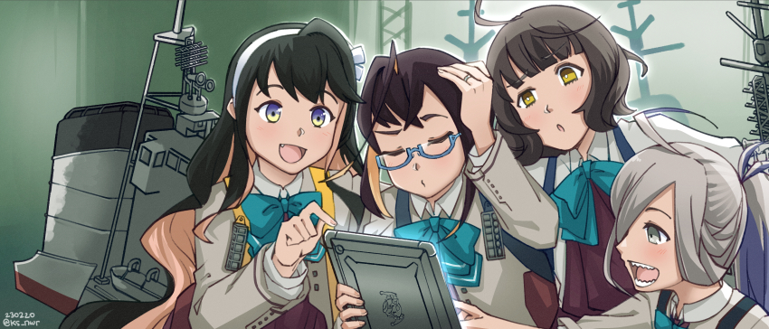 absurdres ahoge aqua_bow aqua_bowtie asashimo_(kancolle) asashimo_kai_ni_(kancolle) blazer bow bowtie brown_eyes collared_shirt colored_inner_hair commentary_request dress_shirt grey_hair grey_jacket hair_over_one_eye highres jacket kantai_collection kishinami_(kancolle) long_hair machinery mast multicolored_hair naganami_(kancolle) naganami_kai_ni_(kancolle) nwr okinami_(kancolle) okinami_kai_ni_(kancolle) pink_hair sharp_teeth shirt short_hair smokestack tablet_pc teeth upper_body white_shirt
