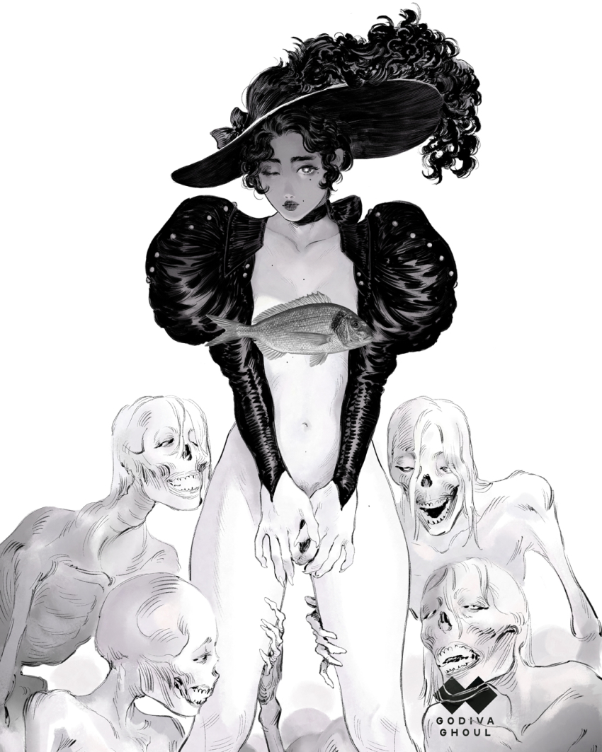 1girl 4others artist_logo artist_name bow bow_choker breasts censored choker closed_mouth collarbone covering_privates cropped_jacket curly_hair eyelashes feet_out_of_frame female_pubic_hair fingernails fish godiva_ghoul greyscale hand_on_another&#039;s_thigh hat hat_bow hat_feather highres jacket juliet_sleeves knees legs_apart lips lipstick logo long_fingernails long_sleeves looking_at_viewer makeup mole mole_under_eye monochrome multiple_moles multiple_others naked_jacket navel nostrils one_eye_closed open_mouth original parted_hair pubic_hair pubic_hair_peek puffy_sleeves sharp_fingernails short_hair simple_background skeleton small_breasts smile standing stomach v_arms white_background