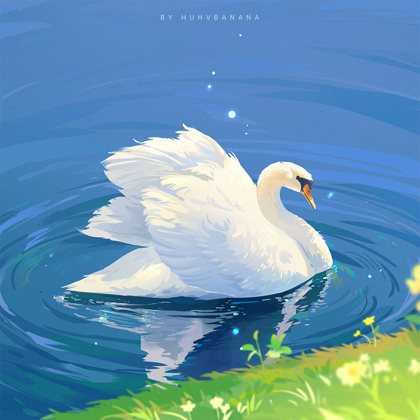 animal animal_focus artist_name bird duck english_text flower grass highres huhv. no_humans original outdoors reflection ripples swan water