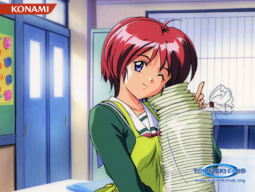 1girl apron blue_eyes classroom day dot_nose feet_out_of_frame female_focus hibikino_high_school_uniform highres hinomoto_hikari holding indoors long_sleeves looking_at_viewer mole mole_under_eye official_art one_eye_closed red_hair school_uniform smile solo standing tokimeki_memorial tokimeki_memorial_2 watermark web_address