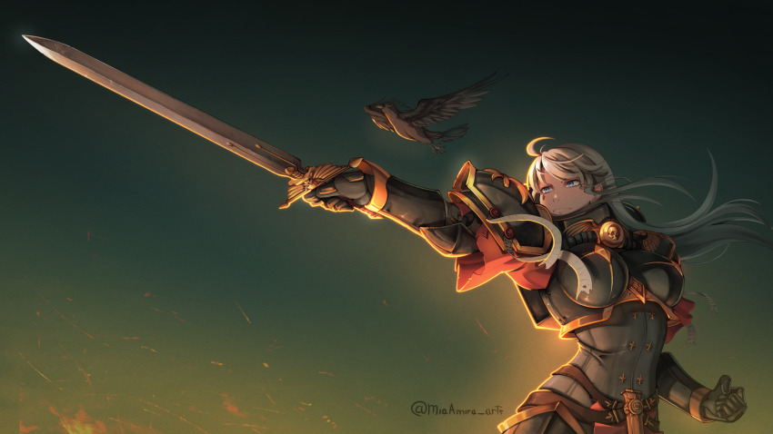 1girl adepta_sororitas ahoge armor bird blue_eyes facial_tattoo fleur-de-lis full_armor highres holding holding_sword holding_weapon long_hair matheuus_arts outstretched_arm pauldrons pointing_melee_weapon pointing_sword power_armor purity_seal shoulder_armor solo sword tattoo twitter_username warhammer_40k weapon white_hair