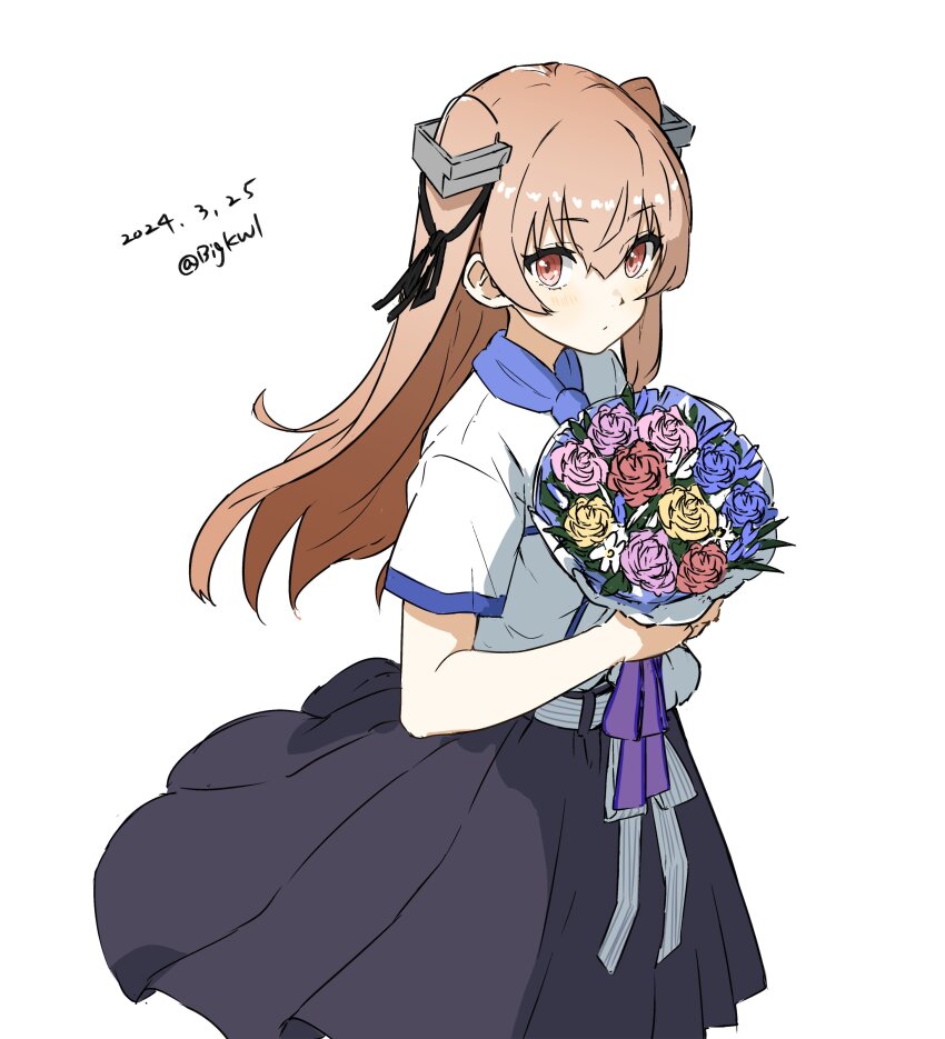1girl absurdres bigkwl black_skirt breasts brown_eyes cowboy_shot flower hair_ribbon highres johnston_(anniversary)_(kancolle) johnston_(kancolle) kantai_collection light_brown_hair long_hair long_skirt medium_breasts neckerchief ribbon shirt skirt solo two_side_up white_background white_ribbon white_shirt