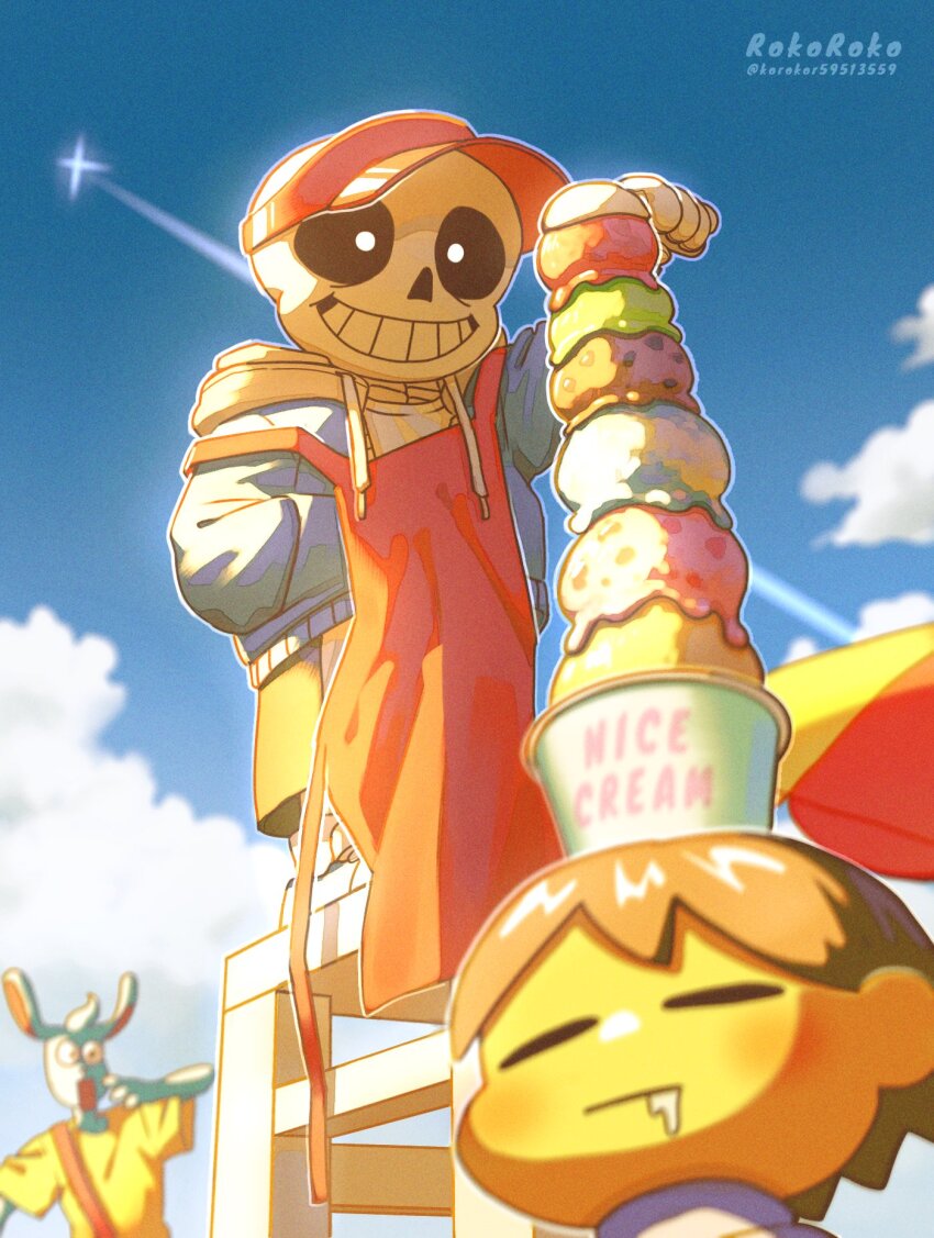 1other 2boys apron artist_name black_hair black_shorts blue_jacket closed_eyes closed_mouth cloud cup day food frisk_(undertale) highres hood hood_down hooded_jacket ice_cream ice_cream_cup jacket korokor59513559 looking_at_another multiple_boys nice_cream_guy open_clothes open_jacket open_mouth outdoors red_apron sans_(undertale) shirt short_hair shorts skeleton sky teeth twitter_username undertale visor_cap white_shirt