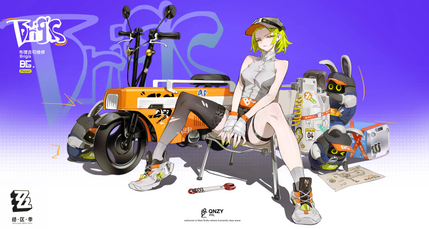 &gt;_o 1girl absurdres animal artist_logo artist_name asymmetrical_legwear bangboo_(zenless_zone_zero) bare_shoulders baseball_cap black_hat black_shorts blue_background blue_overalls blueprint_(object) box cable camping_chair canister chain chain_necklace character_name chinese_commentary chinese_text clothed_animal commentary copyright_name covering_crotch covering_privates cross cross_necklace earrings ears_through_headwear english_text fanny_pack fingerless_gloves fingernails full_body gloves gradient_background gradient_legwear graffiti green_hair green_nails grey_gloves grey_hat grey_shirt grey_socks grey_thighhighs handlebar hat highres jewelry logo looking_at_viewer maintenance mismatched_legwear motion_lines motor_vehicle multiple_necklaces nail_polish necklace on_chair one_eye_closed orange_background original overalls pen pocket polka_dot polka_dot_background qnzy rear-view_mirror repairing ruler scooter shadow sharp_fingernails shirt short_hair shorts simplified_chinese_text single_bare_leg single_thighhigh sitting sleeveless sleeveless_shirt socks solo sticker stud_earrings studying sweatdrop thigh_strap thighhighs tools torn_clothes torn_thighhighs turtleneck turtleneck_shirt wheel white_background white_footwear wrench yellow_eyes zenless_zone_zero zipper_pull_tab