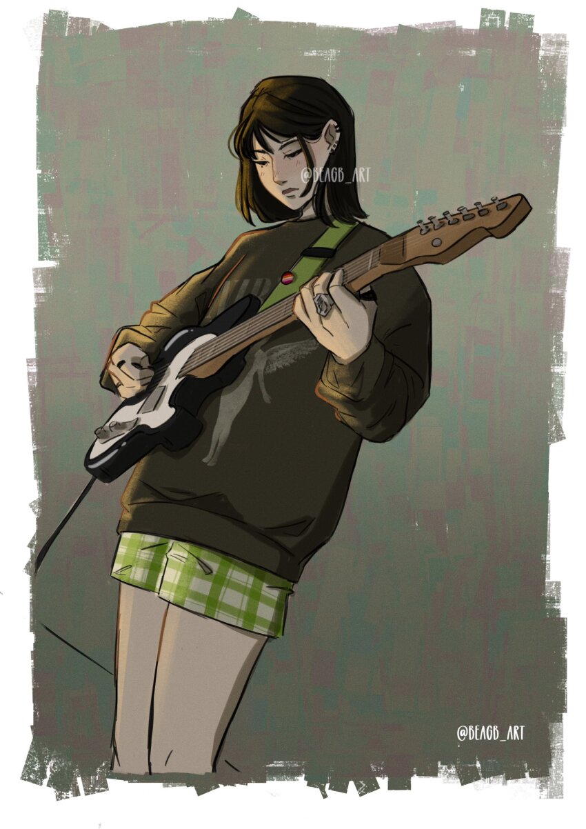 1girl asian badge beagb_art black_hair black_sweater button_badge cable closed_mouth clothes_writing commentary cropped_legs dutch_angle ear_piercing electric_guitar english_commentary green_shorts group_name guitar guitar_strap hair_behind_ear highres holding holding_guitar holding_instrument instrument jewelry kininatteru_hito_ga_otoko_ja_nakatta koga_mitsuki lesbian_flag long_sleeves looking_down merchandise mole mole_under_eye multiple_rings nirvana_(band) piercing plaid_clothes plaid_shorts playing_guitar print_sweater ring short_hair short_shorts shorts solo sweater tomboy twitter_username