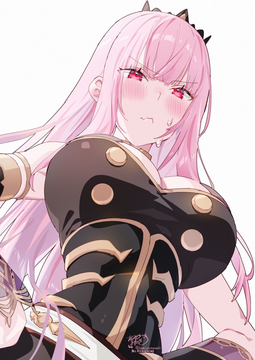 1girl absurdres bare_shoulders black_dress black_tiara blush breasts closed_mouth dress fang highres hololive hololive_english kamiya_maneki large_breasts long_hair mori_calliope mori_calliope_(1st_costume) pink_eyes pink_hair simple_background skin_fang solo sweat tiara virtual_youtuber white_background