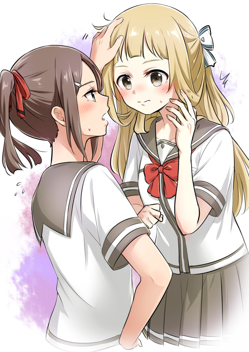 2girls blonde_hair blush bow bowtie brown_eyes brown_hair dress_shirt eda_udon eye_contact grey_sailor_collar grey_skirt hair_bow hair_ribbon hand_on_another&#039;s_head highres looking_at_another miniskirt miyoshi_karin multiple_girls nogi_sonoko open_mouth pleated_skirt red_bow red_bowtie red_ribbon ribbon sailor_collar sailor_shirt sanshuu_middle_school_uniform school_uniform shirt short_sleeves skirt sweatdrop twintails white_background white_bow white_shirt yuuki_yuuna_wa_yuusha_de_aru yuusha_de_aru