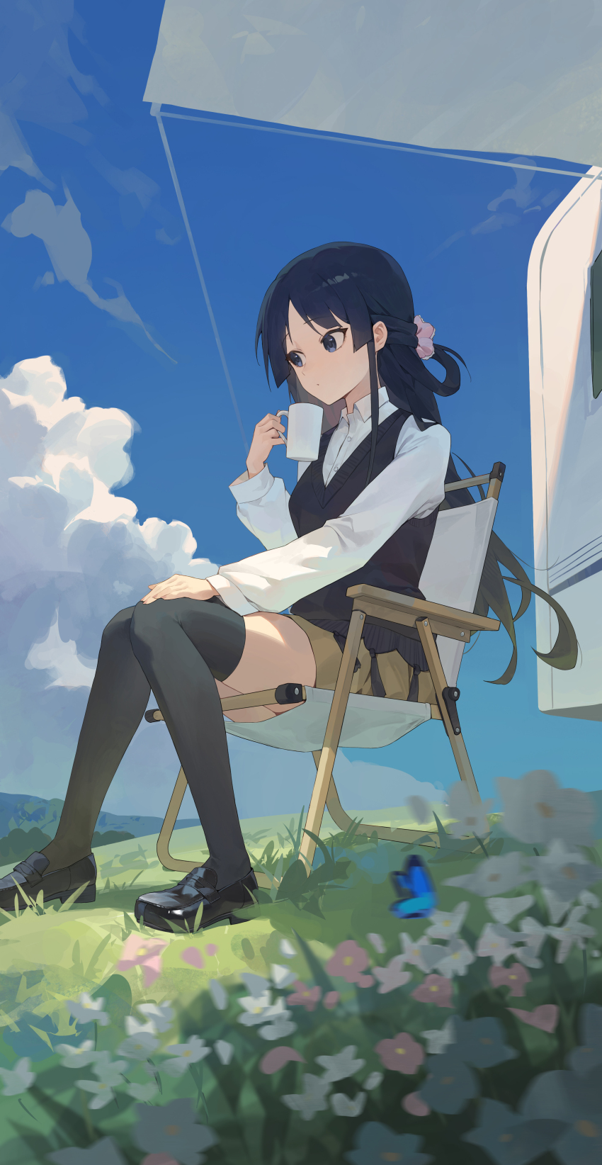 1girl absurdres akiyama_mio awning black_hair black_shoes black_sweater_vest black_thighhighs blue_sky brown_shorts bug butterfly camper_trailer cloud collared_shirt commentary_request cup day folded_chair grass hand_on_own_knee hand_up highres holding holding_cup huomianbao39445 insect k-on! long_hair outdoors recreational_vehicle shirt shoes shorts sitting sky solo sweater_vest thighhighs thighs trailer white_shirt