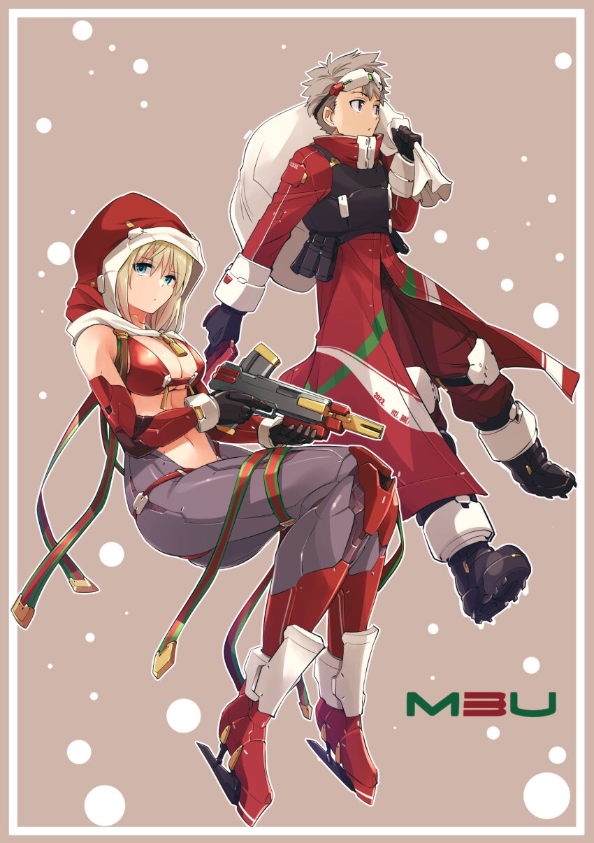 1girl absurdres android bikini blau_(mechanical_buddy_universe) blonde_hair blue_eyes boots christmas coat dress gloves gun hair_between_eyes hat highres joints kato_takuji mechabare mechanical_arms mechanical_buddy_universe mechanical_legs merry_christmas mother_and_son orange_eyes overcoat rainy_(mechanical_buddy_universe) robot_joints santa_bikini santa_boots santa_costume santa_dress santa_gloves santa_hat scar scar_on_face short_hair submachine_gun swimsuit tactical_clothes weapon yellow_eyes