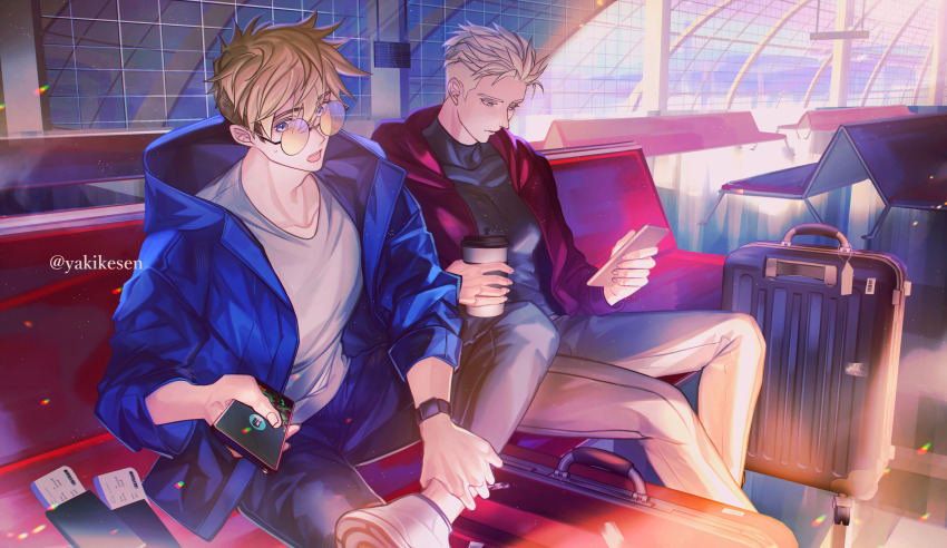 2boys absurdres airport blonde_hair blue_jacket brothers cellphone contemporary cup disposable_coffee_cup disposable_cup grey_pants grey_shirt highres holding holding_cup holding_phone hood hood_down jacket looking_at_phone male_focus millions_knives multiple_boys pants pectorals phone round_eyewear shirt siblings smartphone suitcase trigun trigun_stampede undercut vash_the_stampede yakikesen