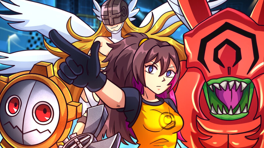 aiba_ami aiba_ami_(cosplay) angel angel_girl angewomon cosplay digimon digimon_(creature) digimon_story:_cyber_sleuth gloves hagurumon head_wings highres kuwagamon long_hair looking_at_viewer mask sharp_teeth teeth tongue tongue_out wings