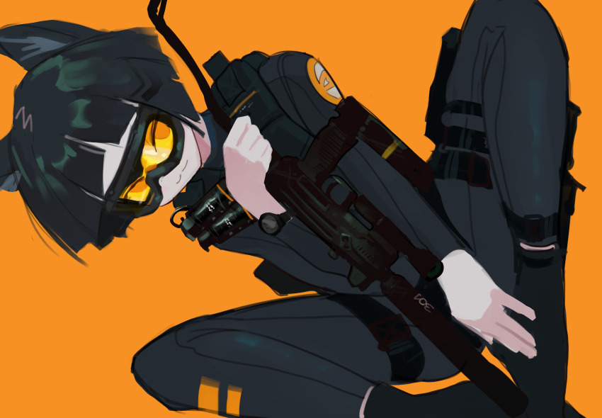 1girl :3 absurdres animal_ears black_hair bodysuit closed_mouth diving_suit flippers goggles gun highres looking_at_viewer machine_pistol orange_background original piwoka_(wibber_rose) polilla short_hair simple_background smile solo spread_legs submachine_gun suppressor thigh_strap tinted_eyewear uzi weapon wetsuit wibber_rose yellow-tinted_eyewear