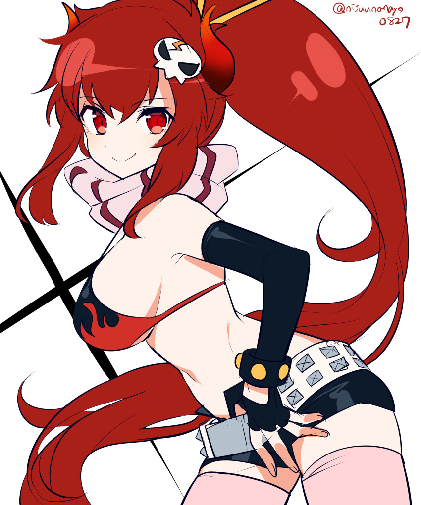 1girl absurdres bare_shoulders belt bikini black_bikini black_gloves black_shorts breasts closed_mouth cosplay dola_(nijisanji) dragon_horns elbow_gloves fingerless_gloves flame_print gloves hair_ornament highres horns large_breasts long_hair navel nijisanji ninahachi open_clothes open_fly open_shorts pink_thighhighs ponytail print_bikini red_eyes red_hair short_shorts shorts skull_hair_ornament smile solo studded_belt swimsuit tengen_toppa_gurren_lagann thighhighs twitter_username very_long_hair virtual_youtuber white_background white_belt yoko_littner yoko_littner_(cosplay)