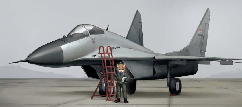 1girl aircraft airplane animal_ear_fluff animal_ears black_boots black_gloves boots canopy_(aircraft) corrupted_twitter_file cowlick fighter_jet flight_suit fog g-suit gloves green_eyes green_jumpsuit grey_sky helmet highres holding holding_helmet jumpsuit ladder looking_at_viewer mig-29 military military_vehicle nine_(kanine41) original pilot_suit short_hair sky smile solo vehicle_focus
