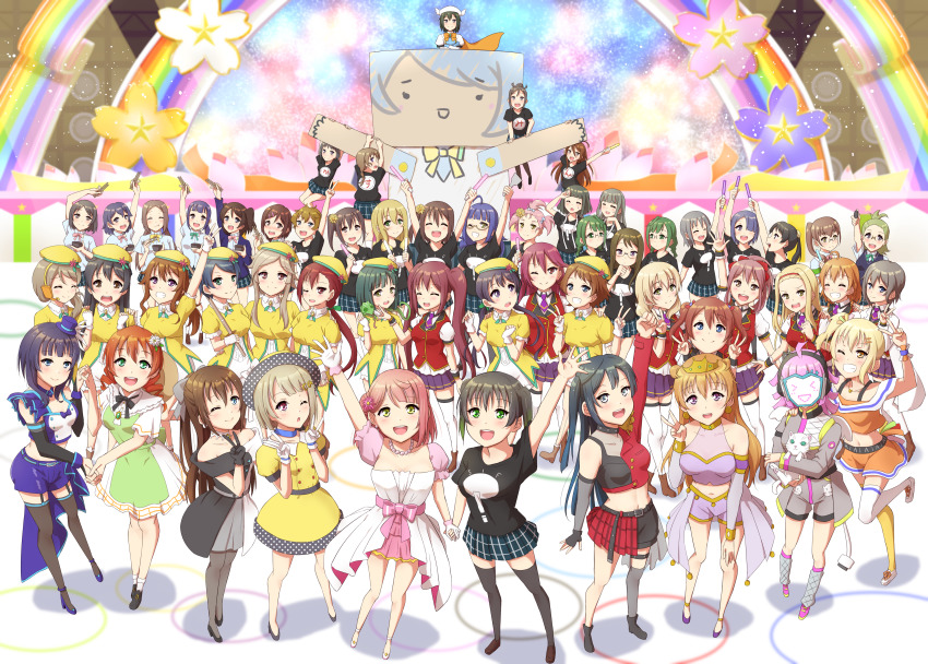 6+girls absolutely_everyone absurdres ahoge aikawa_ryo animal arm_up arms_up asagi_(love_live!) asaka_karin ayanokoji_himeno bare_shoulders black_hair blonde_hair blue_eyes blue_hair blush bow bowl braid breasts brown_eyes brown_hair cape cat chameleon cheek_bulge choker chopsticks christina_(love_live!) cleavage closed_eyes closed_mouth crescent crescent_hair_ornament crossed_arms earrings eating emma_verde everyone fingerless_gloves flower freckles glasses gloves glowstick green_eyes green_hair grey_hair grin hair_bow hair_bun hair_flower hair_ornament hairband hairclip hanpen_(love_live!) hasekura_kasane hat headphones high_heels highres holding holding_glowstick holding_hands iroha_(love_live!) jewelry kadota_tsurugi kamiya_rika kikkawa_mizuki kirihara_yuuka konoe_haruka konoe_kanata kurosaki_shun_(love_live!) kyoko_(love_live!) large_breasts long_hair looking_at_another looking_at_viewer love_live! love_live!_nijigasaki_high_school_idol_club mask medium_breasts medium_hair mido_yuri midriff miyashita_ai miyashita_coco mole mole_under_eye multicolored_hair multiple_girls nakasu_kasumi navel necklace necktie nijigasaki_student_council_secretary nijigasaki_student_council_vice_president one_eye_closed one_eye_covered open_mouth orange_eyes osaka_shizuku parted_lips pink_eyes pink_hair ponytail purple_eyes qy73 red_eyes red_hair saiki_fuu shadow shido_misaki shirase_koyuki shirt shitara_fumi shoes short_hair siblings side_ponytail single_hair_bun sisters skirt small_breasts smile standing standing_on_one_leg takasaki_yu teeth tennoji_rina thighhighs tiara twins twintails uehara_ayumu v waving wink yuki_sana yuki_setsuna