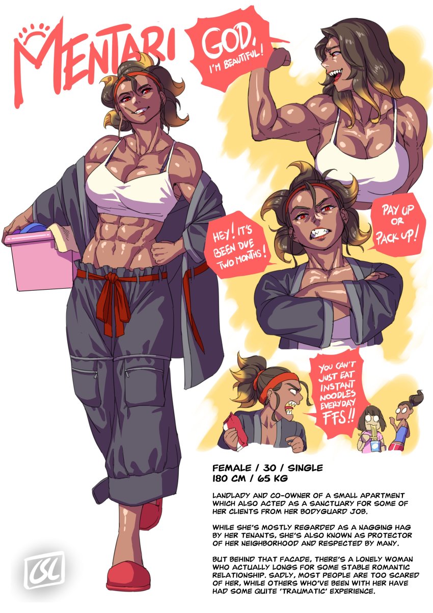 abs absurdres biceps reference_sheet chibi chibi_inset crossed_arms cup_ramen dark-skinned_female dark_skin english_text flexing hand_on_own_hip highres holding instant_ramen long_hair multicolored_hair muscular muscular_female original phoebus_art red_eyes robe sharp_teeth slippers speech_bubble tank_top teeth