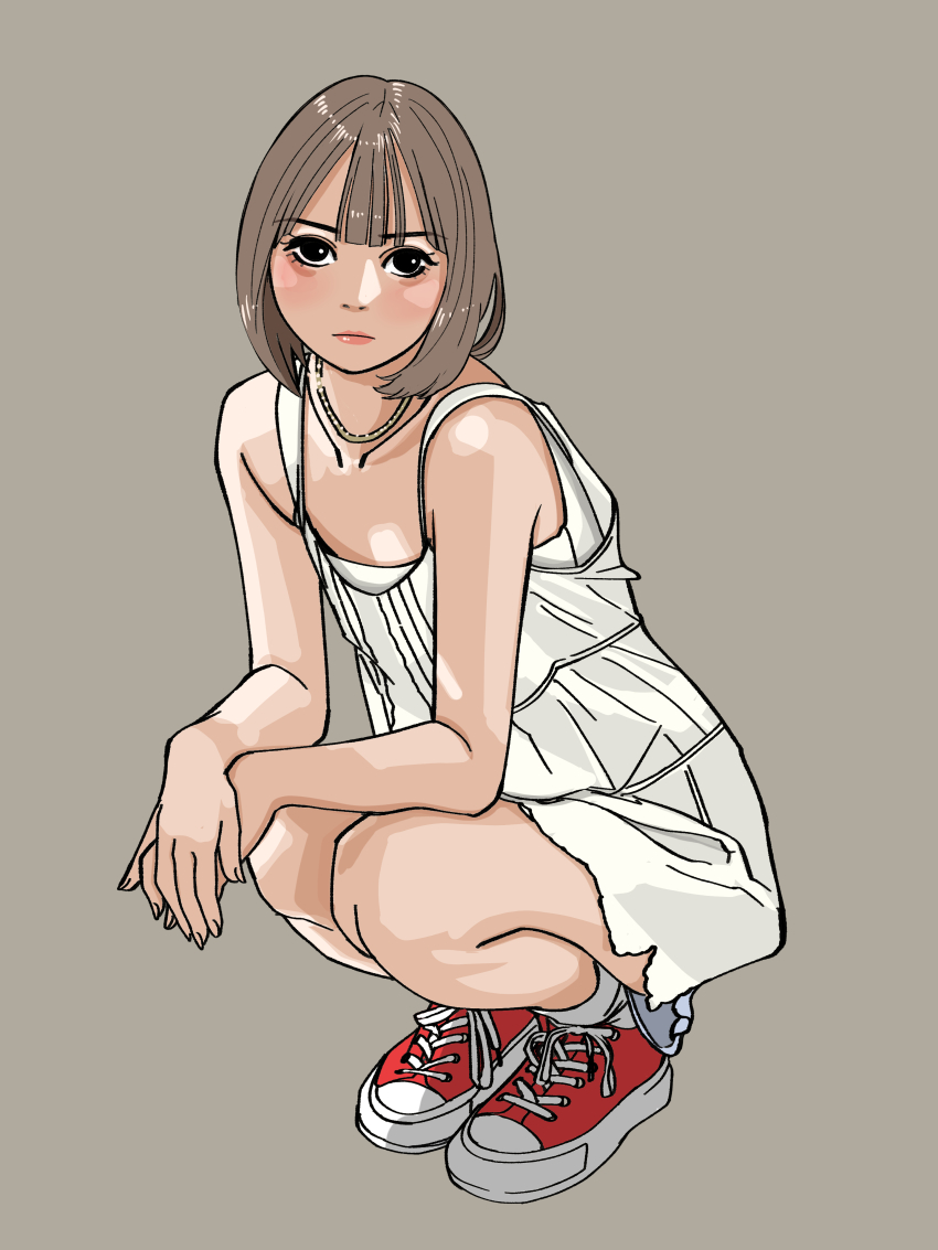 1girl absurdres aegyo_sal black_eyes brown_background brown_hair dress flat_chest full_body highres jewelry looking_at_viewer medium_hair necklace original own_hands_together red_shoes sakamoto_giulietta shoes sneakers solo squatting sundress white_dress