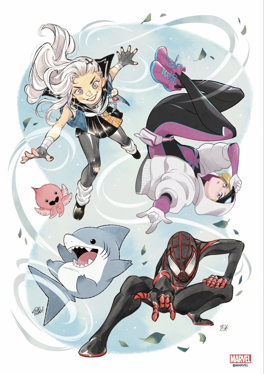 1boy 2girls animal_print blue_eyes bodysuit gwen_stacy highres hood hooded_bodysuit jeff_(marvel) marvel multicolored_bodysuit multiple_girls peach_momoko print_bodysuit red_bodysuit silk smile spider-gwen spider-man_(miles_morales) spider-man_(series) spider-verse spider_print spider_web spider_web_print superhero_costume two-tone_bodysuit white_hair x-men
